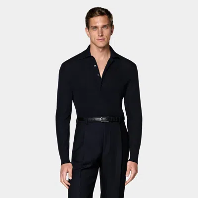 Suitsupply Navy Ribbed Merino Long Sleeve Polo