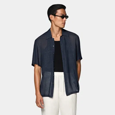 Suitsupply Navy Viscose Linen Short Sleeve Shirt In Blue