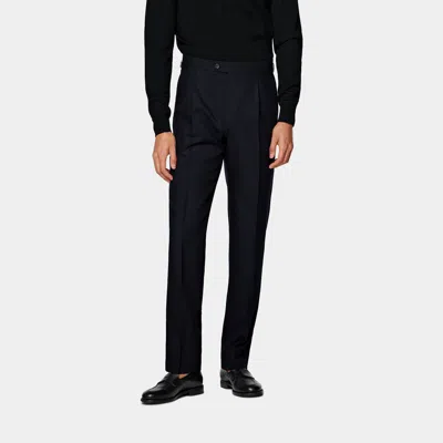 Suitsupply Navy Wide Leg Tapered Suit Trousers In Black