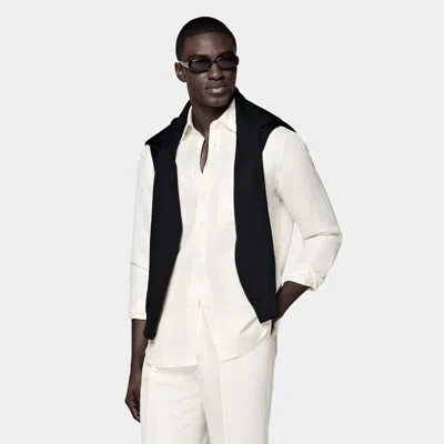 Suitsupply Off-white Linen Silk Overshirt In Black