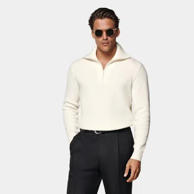 Suitsupply Off-white Ribbed Half Zip In Neutral