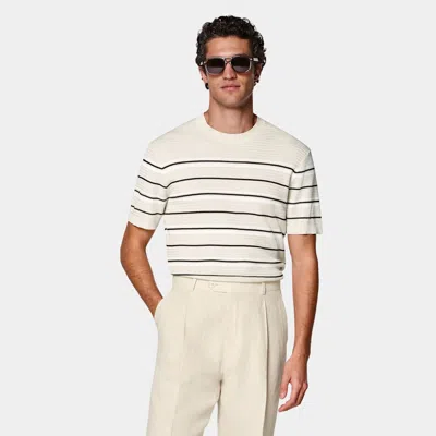 Suitsupply Sand Striped Jacquard Short Sleeve Crewneck In White