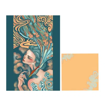 Suki Wang London 'blue Maiden And Auspicious Clouds Print' Cotton Tea Towel Set In Multi