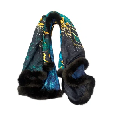 Suki Wang London Women's Blue / Black / Green Marble Print Double Sided Wool With Scarf Faux Fur