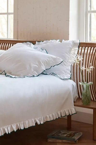 Sukun Provence Teal Cotton Sateen Bedding Set In White