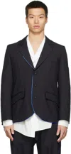 Sulvam Black & Blue Round Hem Piping Blazer In Black