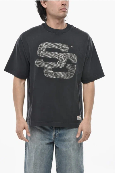 Summer Games Organic Cotton Crewneck T-shirt Embellished With Rhinestones In Gray