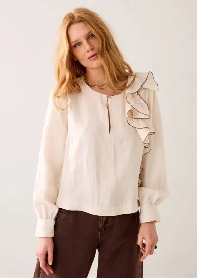 Summum Linen Blend Top With Ruffles In White