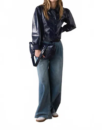 Summum Patent Crop Jacket With Puff Sleeves In Black In Blue