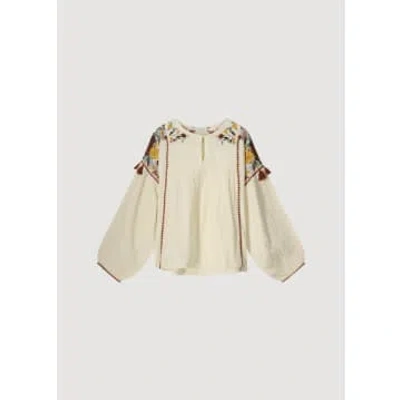 Summum Woman Cream Top With Multi Embroidery In Neutral