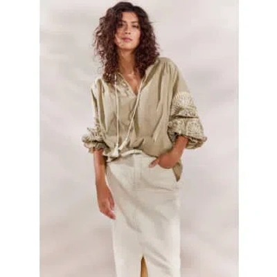 Summum Woman Sage Green Top With Ivory Embroidery