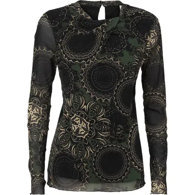 Summum Women's Long Sleeve Mesh Paisley Circles Top In Deep Green/black In Multi