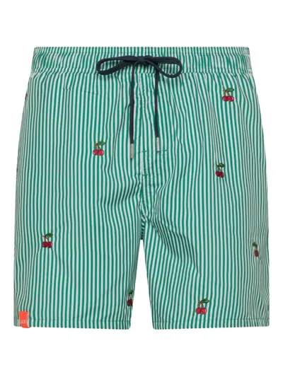 Sun 68 Cherry-print Striped Swim Shorts In Green