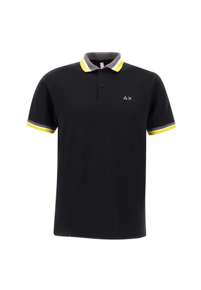 Sun 68 Collar Multistripes Cotton Polo Shirt In Black