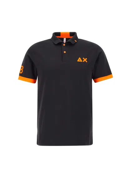 Sun 68 Fluo Logo Cotton Polo Shirt In Nero