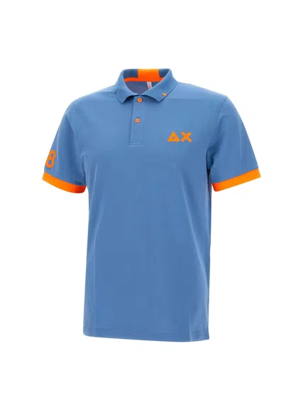 Sun 68 Fluo Logo Cotton Polo Shirt In Blu