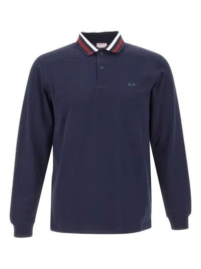Sun 68 Long-sleeve Multistripes Collar Polo Shirt In Blue