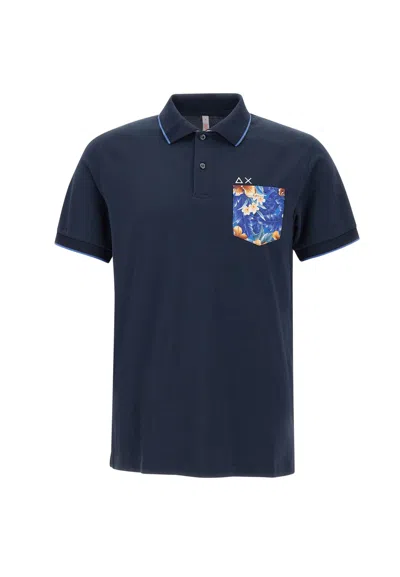 Sun 68 Print Pocket Cotton Polo Shirt In Blue