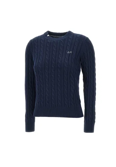 Sun 68 Round Neck Cable Cotton Sweater In Blue