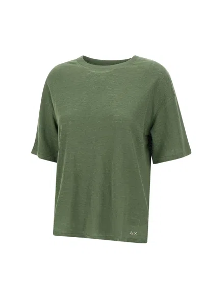 Sun 68 Round Neck Linen T-shirt In Green