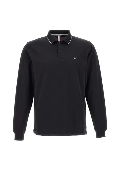 Sun 68 Small Stripes Cotton Polo Shirt In Nero