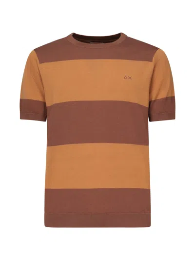 Sun 68 Striped T-shirt With Logo In Brown