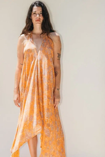 Sun Child Classic Silk Dress Dago In Orange