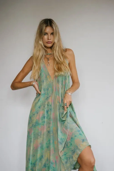 Sun Child Classic Silk Dress Emerald In Multi