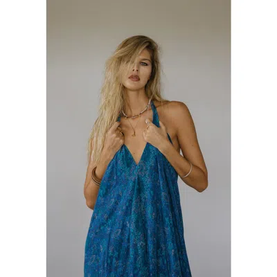 Sun Child Classic Silk Dress Plumeria In Blue