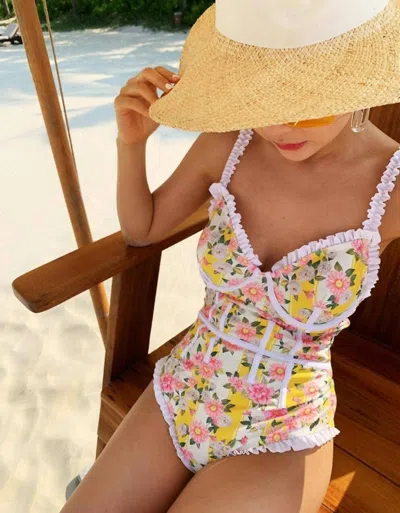 Sun Imperial Vintage Lace Floral Swimsuit In Yellow In Beige