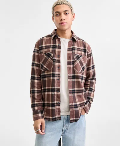 Sun + Stone Men's Anthony Long-sleeve Cotton Flannel Plaid Shirt, Macy's Exclusive In Brown