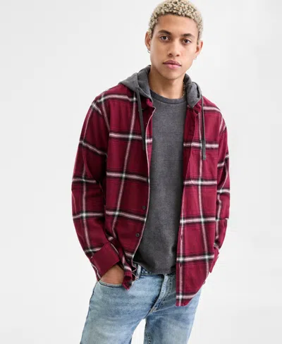 Sun + Stone Men's Bird Layered-look Hooded Cotton Flannel Plaid Shirt, Macy's Exclusive In Red