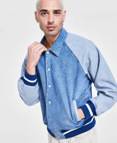 Sun + Stone Men's Coastal Colorblocked Denim Varsity Jacket, Created For Macy's