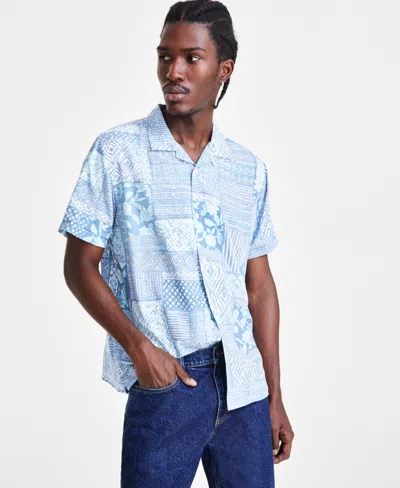 Sun + Stone Men's Cooper Short Sleeve Button-front Ikat Patchwork Shirt, Created For Macy's In Hydrogen