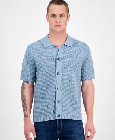 Sun + Stone Men's Cooper Short Sleeve Textured Knit Button-front Sweater, Exclusively At Macy's In Blue
