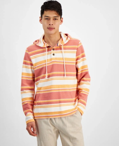 Sun + Stone Men's Farley Striped Button-placket Long Sleeve Hoodie, Created For Macy's In Sea Coral