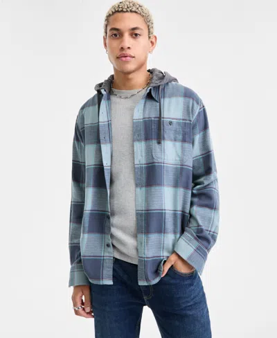Sun + Stone Men's Irving Layered-look Hooded Cotton Flannel Plaid Shirt, Macy's Exclusive In Blue