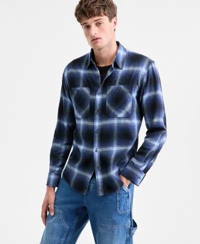 Sun + Stone Men's Iverson Long-sleeve Cotton Flannel Plaid Shirt, Macy's Exclusive In Blue
