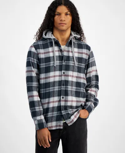 Sun + Stone Men's Lars Hooded Plaid Shirt, Created For Macy's In Black Shadow