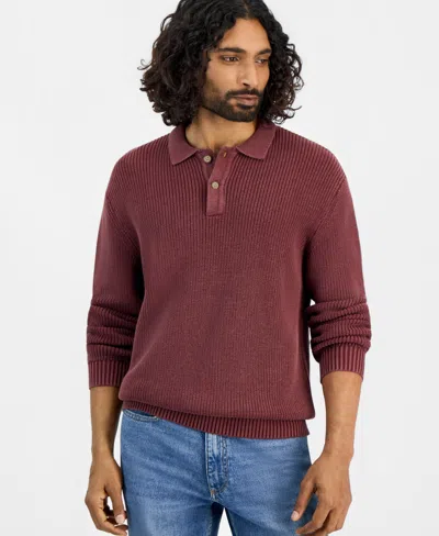 Sun + Stone Men's Long-sleeve Cotton Polo Sweater, Macy's Exclusive In Cherry Mahogany