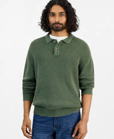 Sun + Stone Men's Long-sleeve Cotton Polo Sweater, Macy's Exclusive In Washed Country Olive