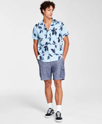 Sun + Stone Sun Stone Mens Pete Leaf Pattern Short Sleeve Shirt Pete Linen Cargo Shorts Created For Macys In Blue Infinity