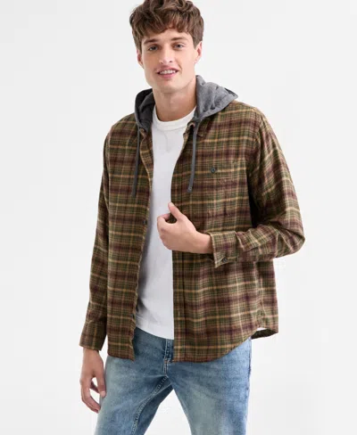 Sun + Stone Men's Russel Layered-look Hooded Cotton Flannel Plaid Shirt, Macy's Exclusive In Brown