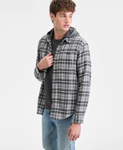 Sun + Stone Men's Russel Layered-look Hooded Cotton Flannel Plaid Shirt, Macy's Exclusive In Gray