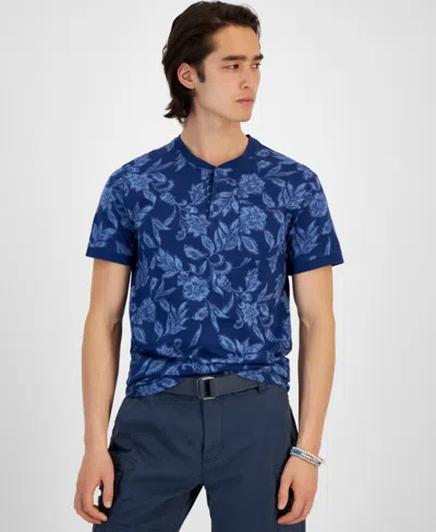 Sun + Stone Men's Short Sleeve Floral Print Henley, Created For Macy's In Twilight Navy