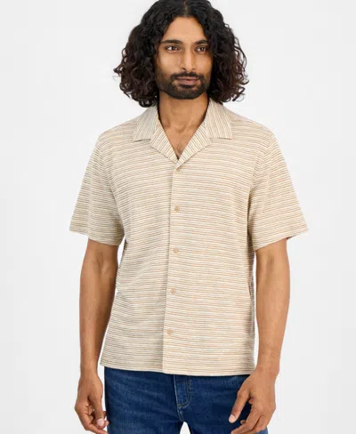 Sun + Stone Men's Short-sleeve Wave Textured Camp Collar Shirt, Macy's Exclusive In Brown Combo
