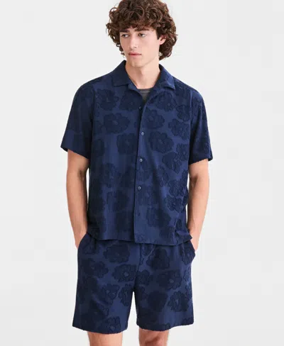 Sun + Stone Men's Textured-florals Knit Camp Shirt, Macy's Exclusive In Blue