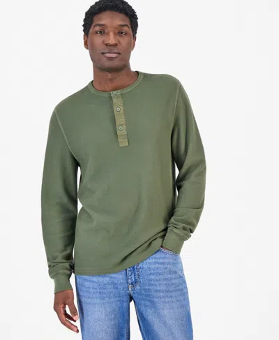 Sun + Stone Men's Thermal-knit Long-sleeve Henley, Macy's Exclusive In Garment-dyed Country Olive