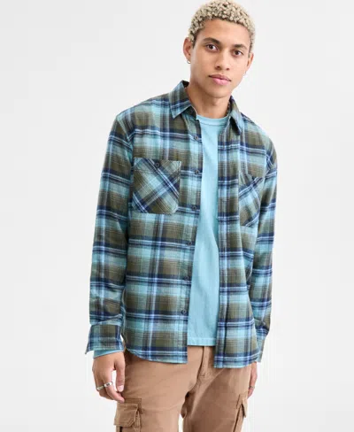 Sun + Stone Men's Wade Long-sleeve Cotton Flannel Plaid Shirt, Macy's Exclusive In Blue