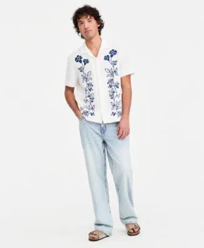 Sun + Stone Sun Stone Mens Floral Embroidered Cotton Camp Shirt Wave Wash Baggy Jeans Macys Exclusive In Blue